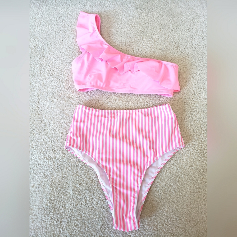 Pink & White Stripe Ruffled One-Shoulder Bikini Set (New)